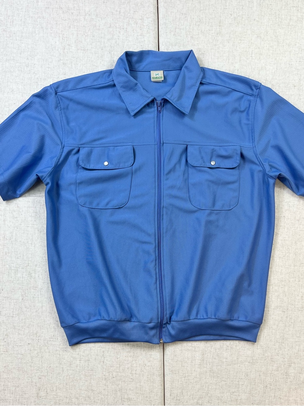 Retro Periwinkle Blue Zip Front Blouson Shirt Jacket Snap Flap Pockets Mesh